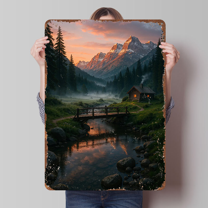 Retro Gaming At Home - Mountain Cabin At Sunset Tin Plaque