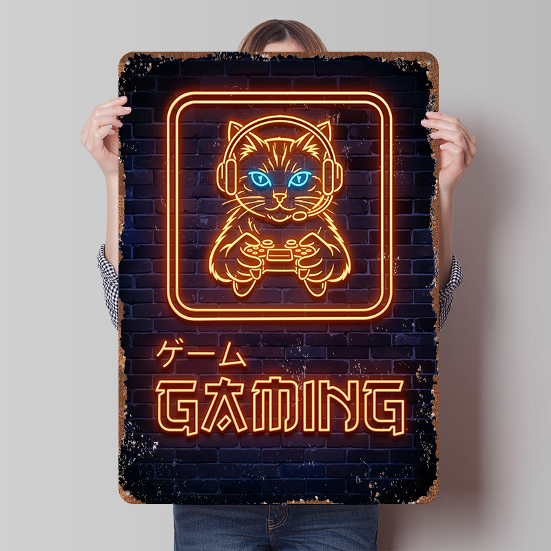 Neon Gaming Cat Printed Poster - Retro Gaming At Home 评论和价格