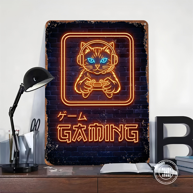 Neon Gaming Cat Printed Poster - Retro Gaming At Home 评论和价格