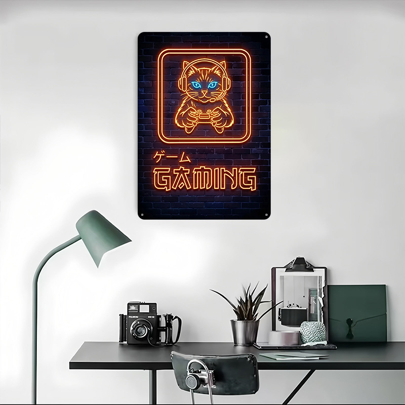 Neon Gaming Cat Printed Poster - Retro Gaming At Home 评论和价格